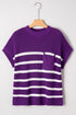 Striped Raw Edge Patch Pocket Drop Shoulder Short Sleeve Sweater